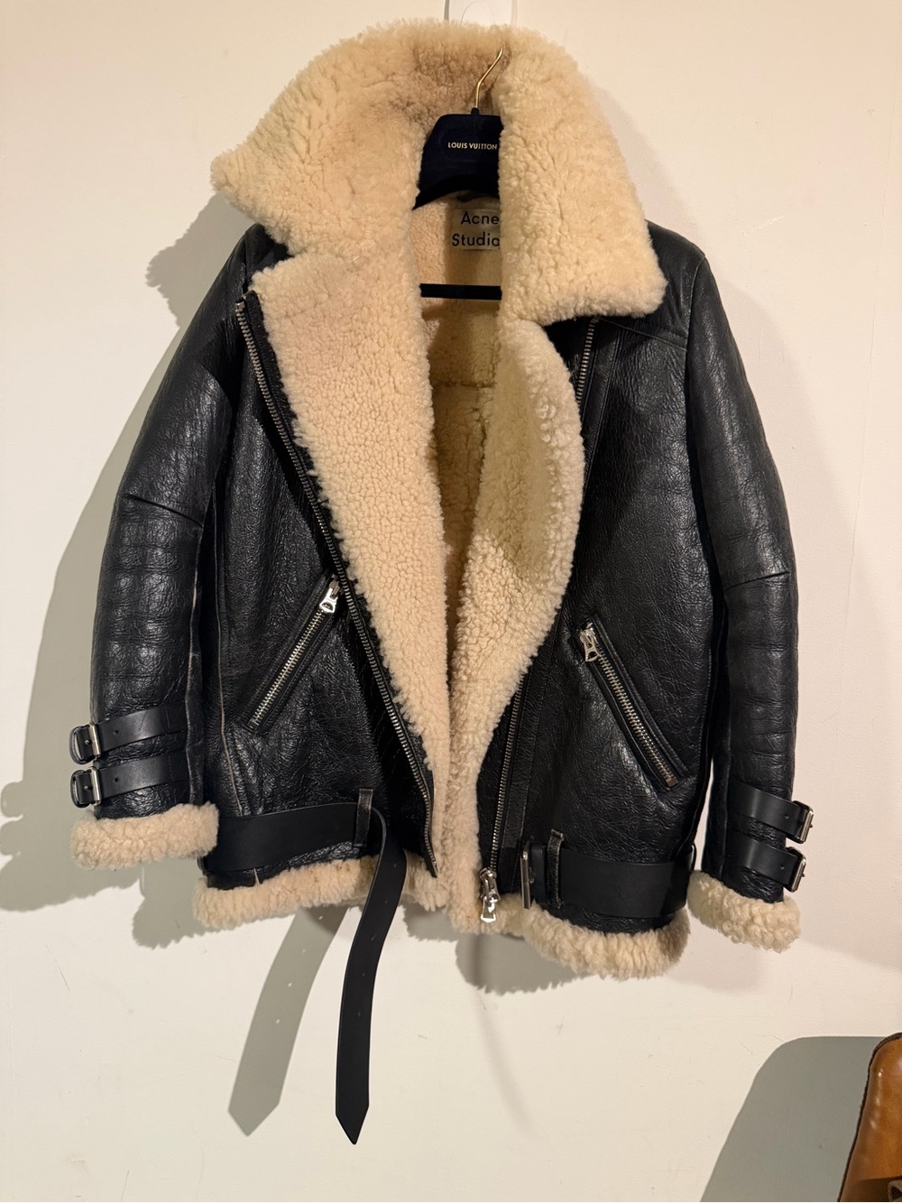 Acne velocite black Leather Shearling Aviator Jacket with Cream Lining